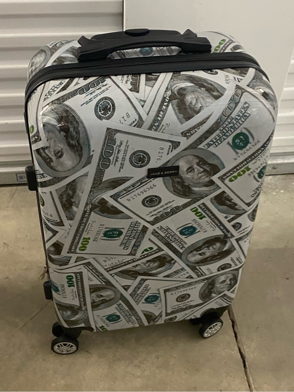 Jane & Berry Hard Shell  Suitcase in White/Green Money Print. 3 Piece Set.